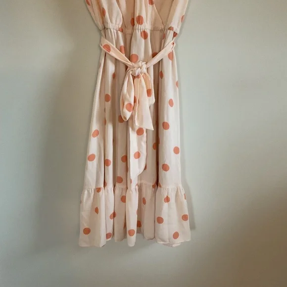 Lauren Conrad Faux Wrap Midi Dress Sz L Peach Orange Polka Dot Flutter Sleeve - Picture 3 of 11